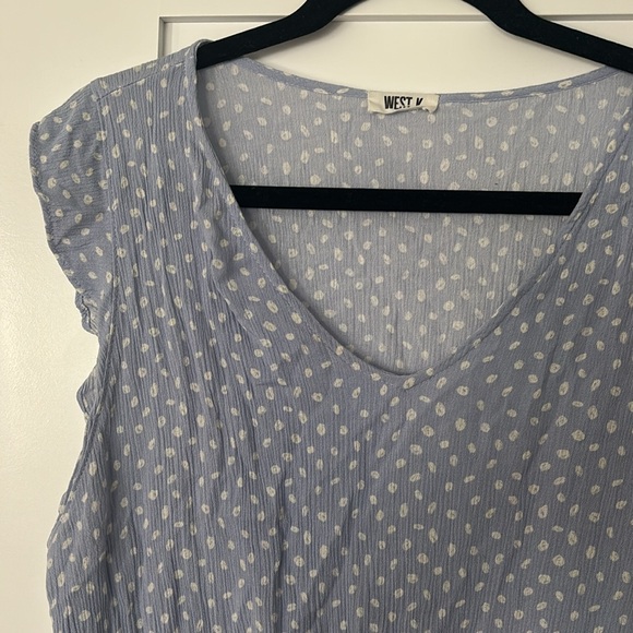 Light blue polka dot rayon blouse with ruffled sleeves, Ophelia Flutter Sleeve - Picture 2 of 3